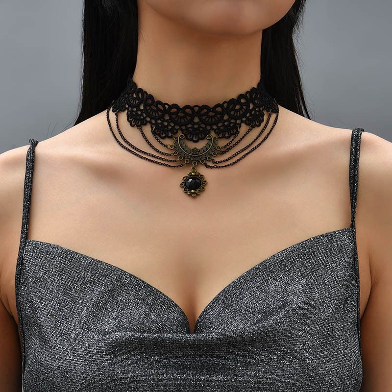 Gothic Style Simple Hollow-out Chain Multi-layer Lace Necklac