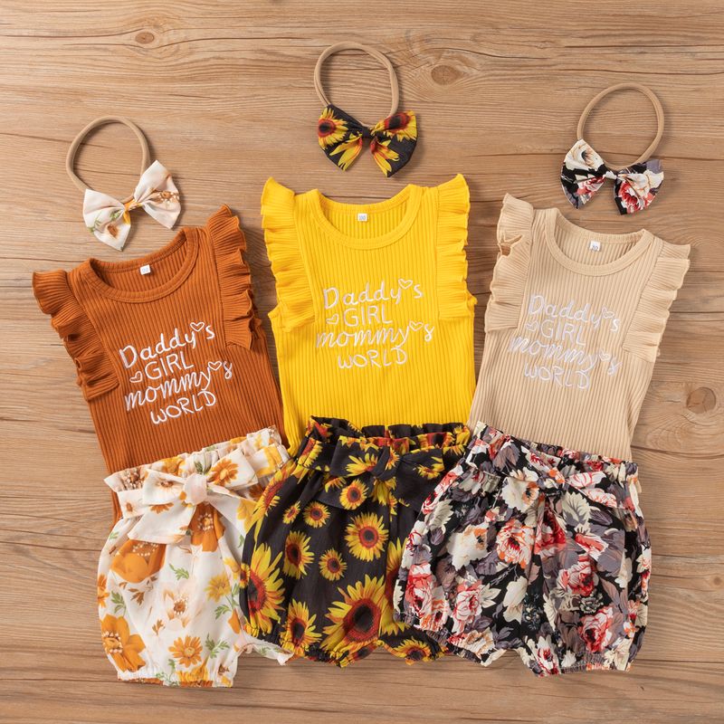 Baby Girl Summer New Letters Embroidery Romper Printed Pants Three-piece Set