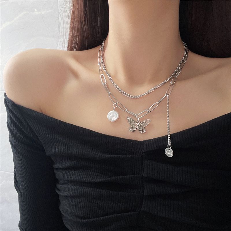 Simple Style Double-layer Butterfly Pendant Necklace Pearl Tassel Clavicle Chain