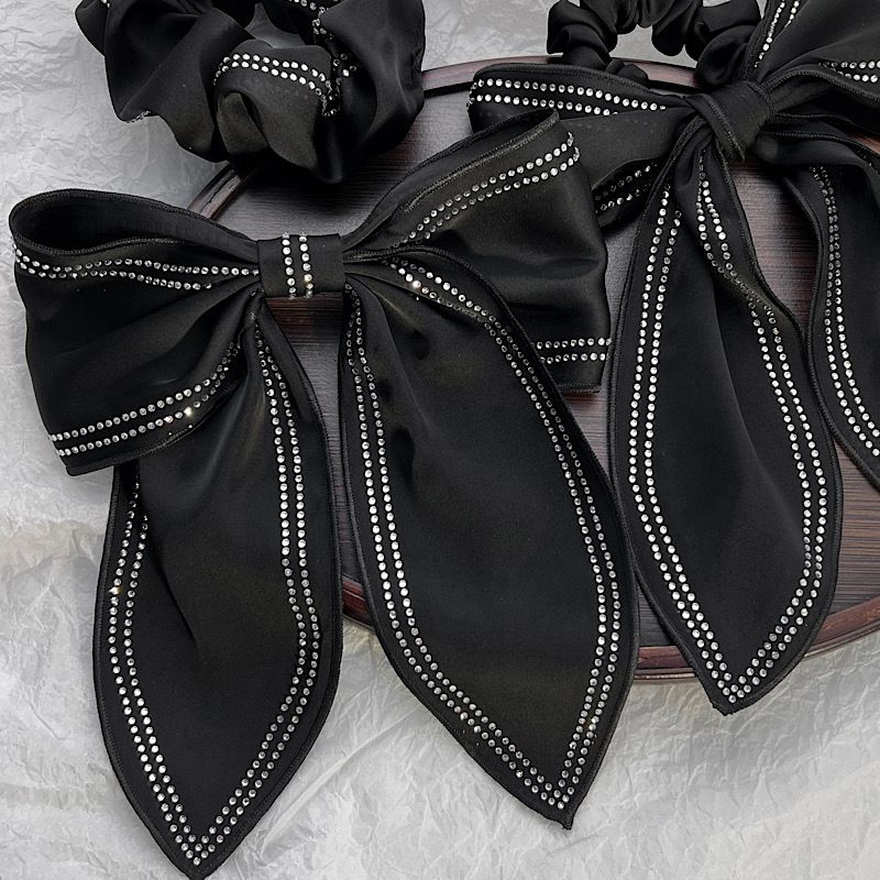 Retro Style Inlaid Rhinestone Black Satin Bow Spring Clip Hairpin Hair Scrunchies