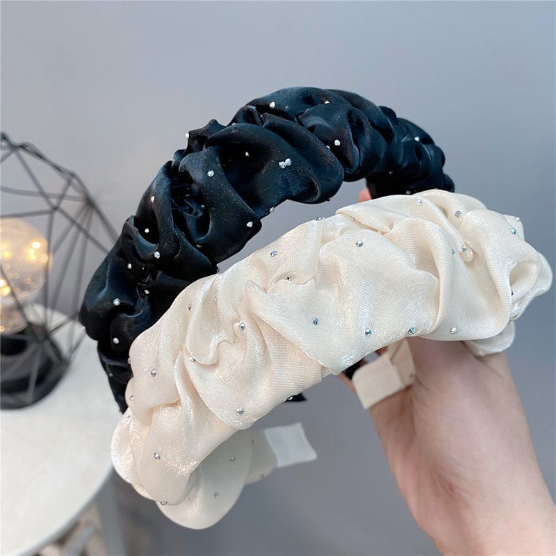 Korean Style Pleated Rhinestone Puffy Headband Cream Color Hair Accessories