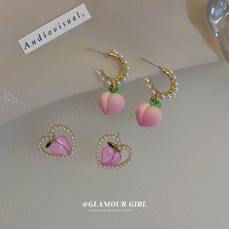 Pendientes De Broche De Aleación De Perlas Con Forma De Melocotón Rosa Bonito