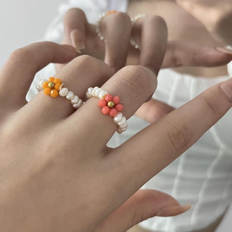 Fashion Cute Pearl Beaded Colorful Flowers Women's Handmade Ring