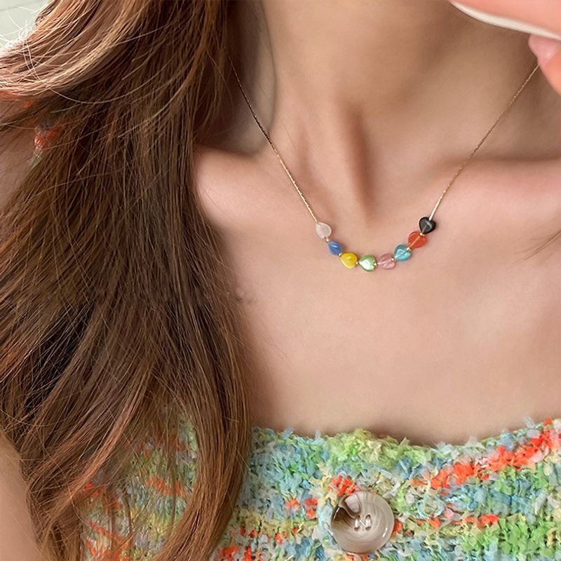Fashion Colored Heart Shaped Multicolor Beaded Pendant Alloy Necklace Female