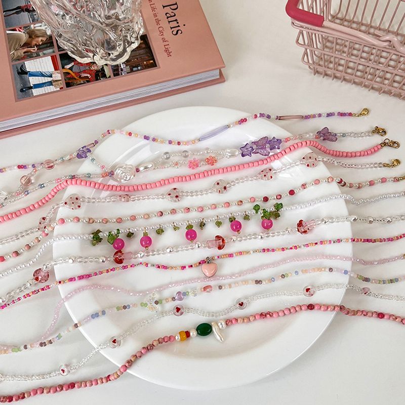 Fashion Spring And Summer Sweet Pink Twin Colorful Beaded Alloy Necklace