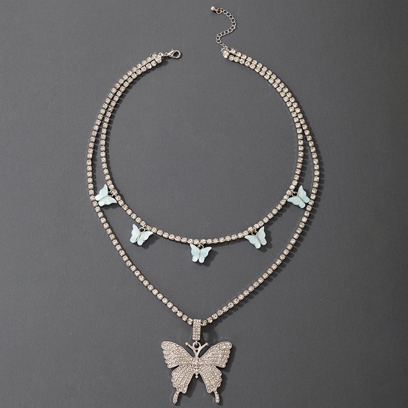 Fashion New Alloy Double-layer Butterfly Pendant Rhinestone Necklace