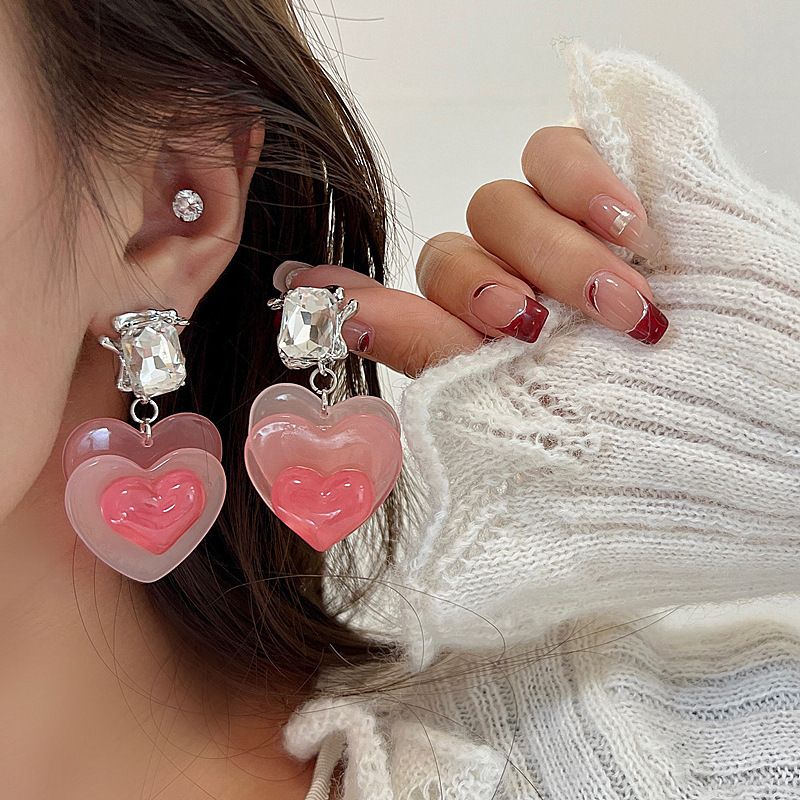 Cute Style Gradient Color Heart Inlaid Zircon Pendant Earrings