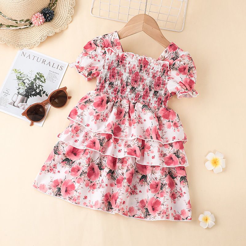 Fashion 2022 Summer Girls' Short-sleeved Floral A-line Dress