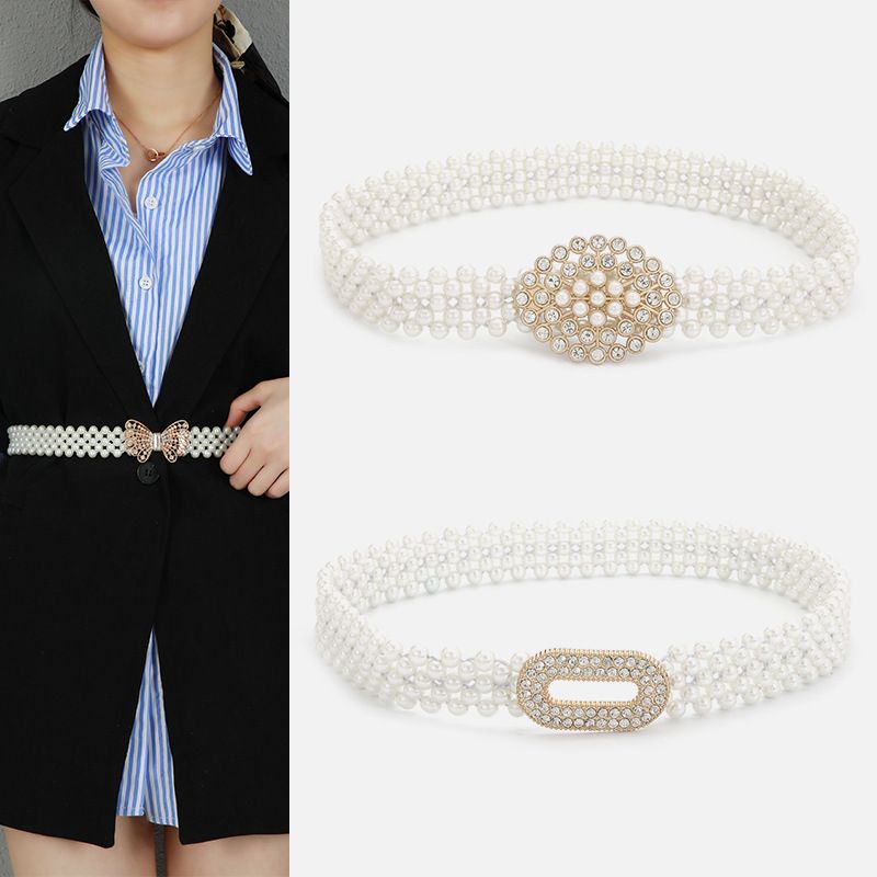 Frauen Perle Taille Kette Elastische Strass Intarsien Kleid Dekorative Perlen Gürtel