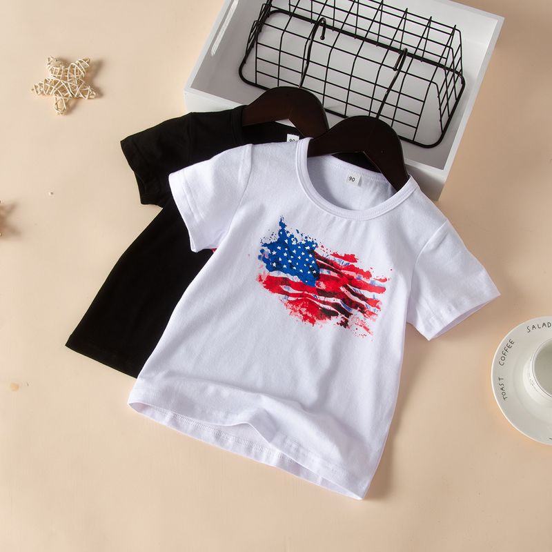 Children Boys' Summer New Solid Color Flag Printed Cotton Short Sleeve Top