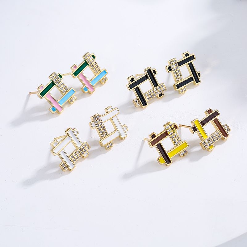 New Fashion Geometric Plating 18k Gold Zircon Dripping Copper Ear Studs