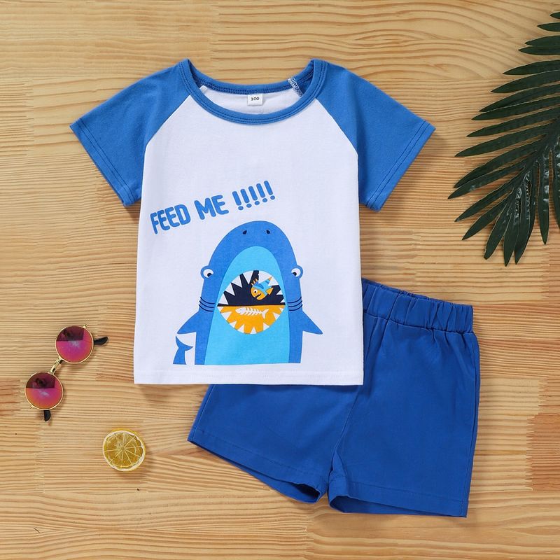 Children's Cute Summer Casual Short-sleeved Shark Letter Printed Shorts Suit