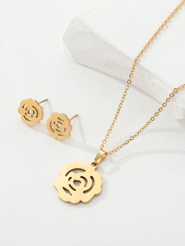Fashion Simple Flower Core 18k Gold Plating Stainless Steel Necklace Earring Suit