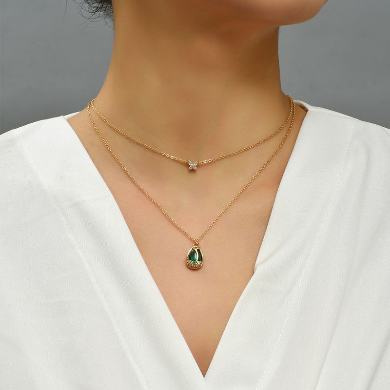 New Fashion Butterfly Water Drop Gem Dark Green Zircon Copper Necklace