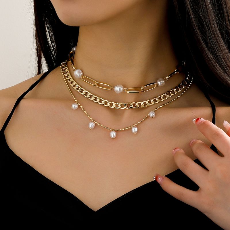 Mode Kreative Gold Überzogene Perle Perlen Multi-schicht Schlüsselbein Kette Halskette