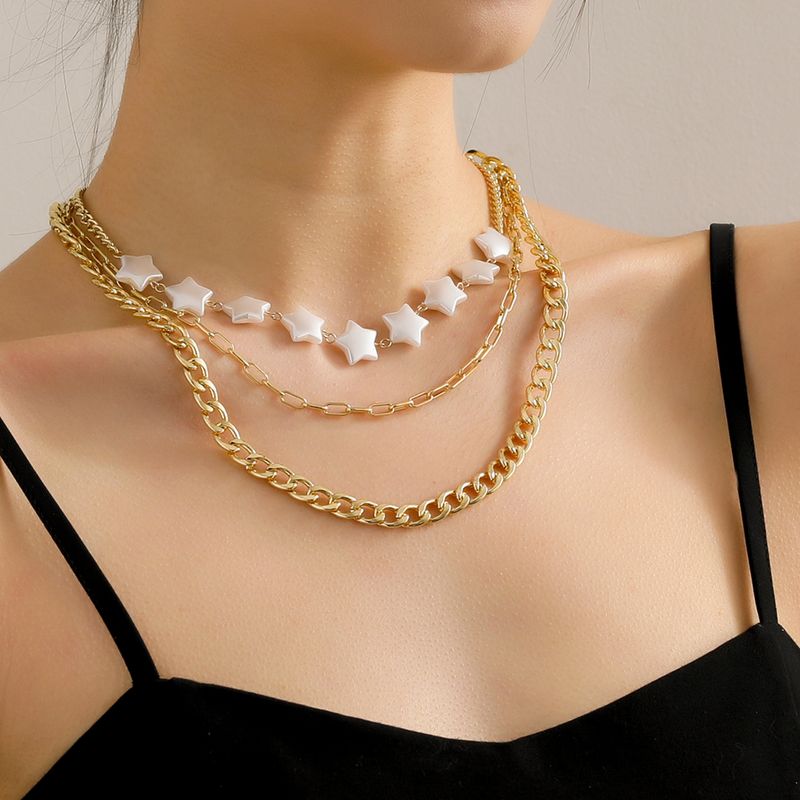 Fashion Elegant Gold Plated White Star Beaded Multi-layer Clavicle Chain Necklace