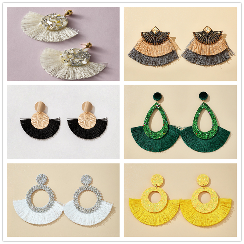 Ethnic Style Inlaid Imitation Opal Tassel Fan-shaped Earrings