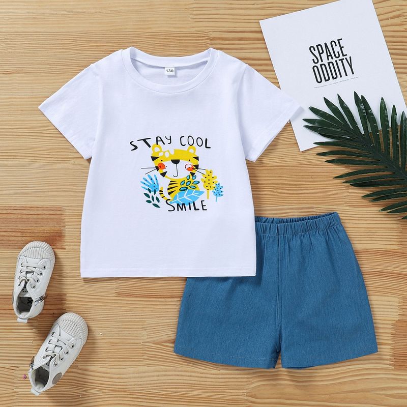 Children's Cute Summer Cartoon Kitty Cute Letters Printed Shorts Suit