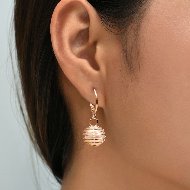 Korean Fashion Simple Round Hollow Earrings Stainless Steel Pearl Earrings Peach Pit-shaped Earclip Earrings