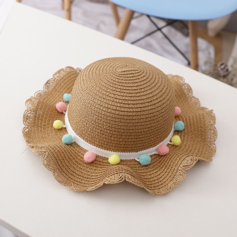 Small Colorful Ball Solid Color Children's Beach Sun-proof Straw Hat