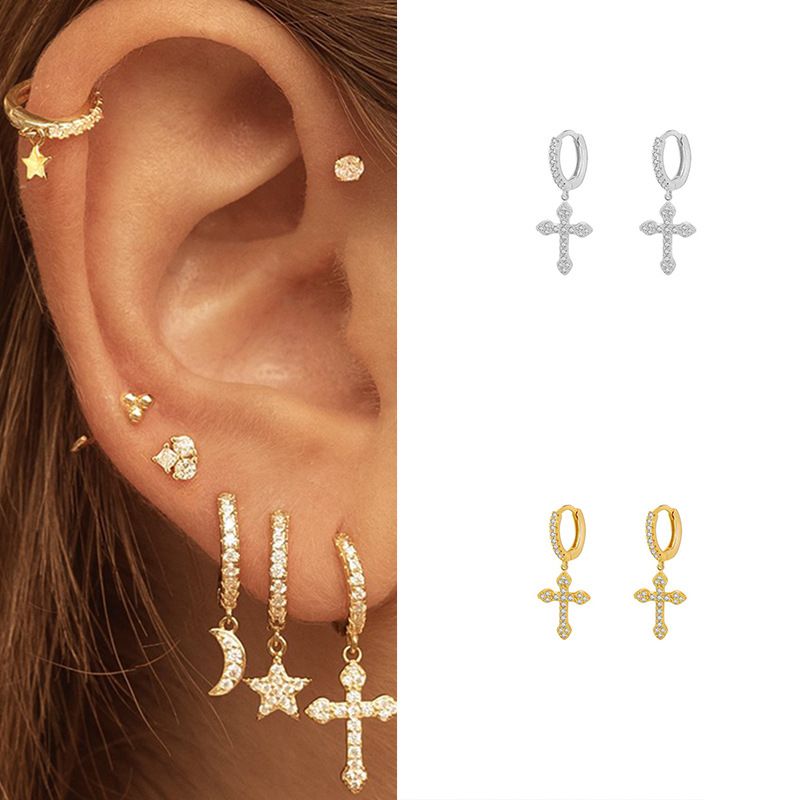 New Style Copper Inlaid Zircon Gold Plated Cross Pendant Earrings
