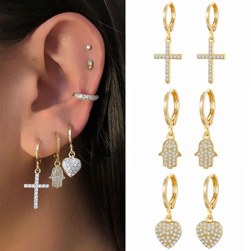 Fashion Copper Gold-plated Inlaid Zircon Heart Cross Palm Pendant Earrings