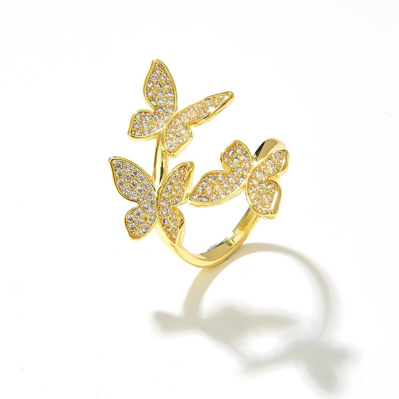 Fashion Simple Copper Plating 18k Golden Butterfly Shaped Open-end Zircon Ring