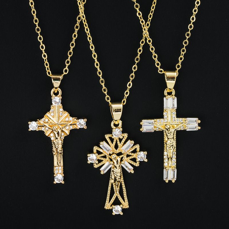 Fashion Gold Inlaid Color Zircon Creative Cross Copper Necklace