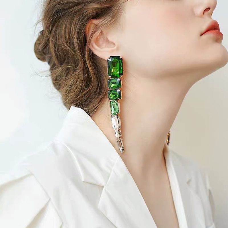 Fashion Inlay Glas Strass Geometrische Edelstein Lange Legierung Ohrringe