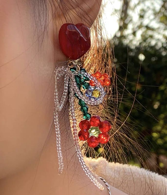 Fashion New Heart-shaped Red Flower Bead Bow Acrylic Earrings