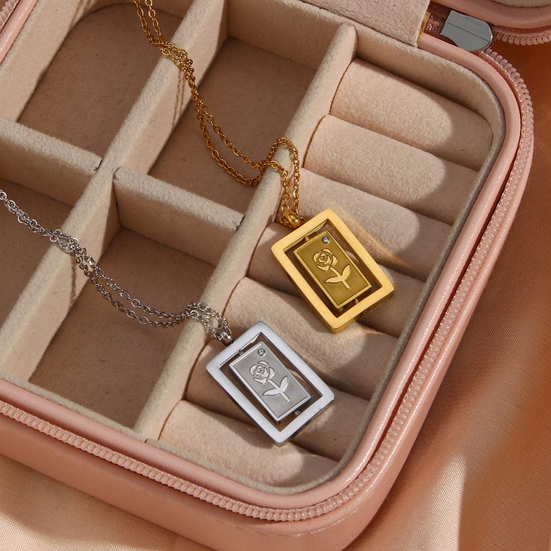 Fashion Rectangle Shape Rose Zircon Rotating Stainless Steel Necklace