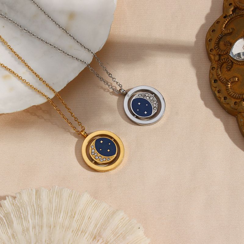 Fashion Round Shape Pendant Blue Dripping Planet Rotating Women Stainless Steel Necklace