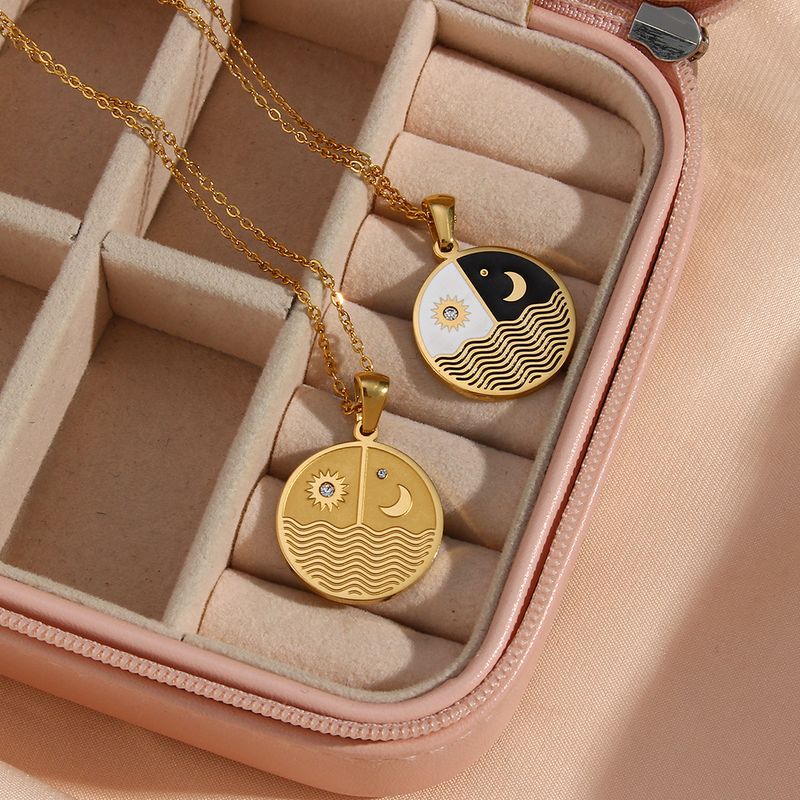 Fashion Round Sun Moon Plated 18k Gold Stainless Steel Necklace