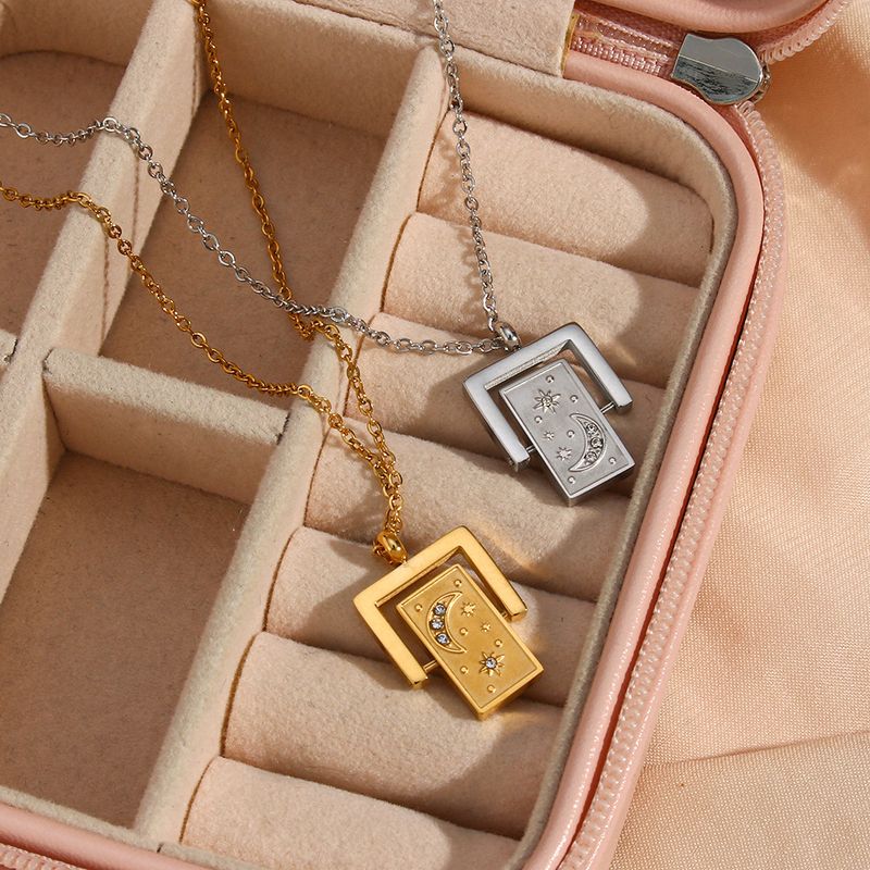 Fashion Cool Rectangle Pendant Women's Plated 18k Gold Star Moon Flip Stainless Steel Necklace