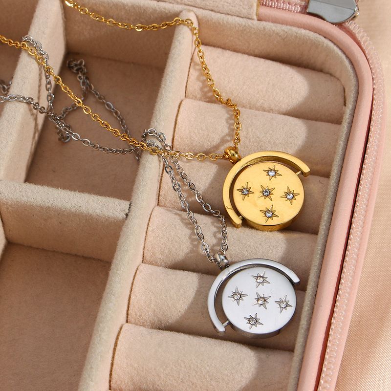 Fashion Cool Inlaid Zirconium Round Pendant Star Semicircle Rotating Stainless Steel Necklace