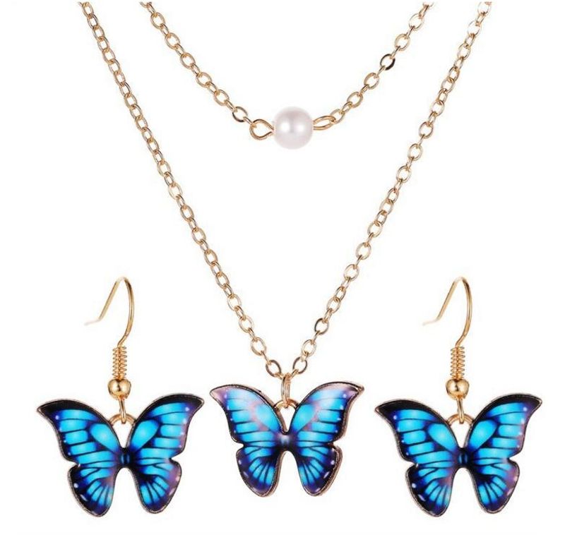 Nouveau Mode D'été Coloré Huile Papillon Pendentif Alliage Collier Boucles D'oreilles Ensemble