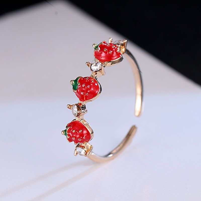 Kreative Mode Rote Erdbeere Intarsien Diamant Kupfer Offener Ring
