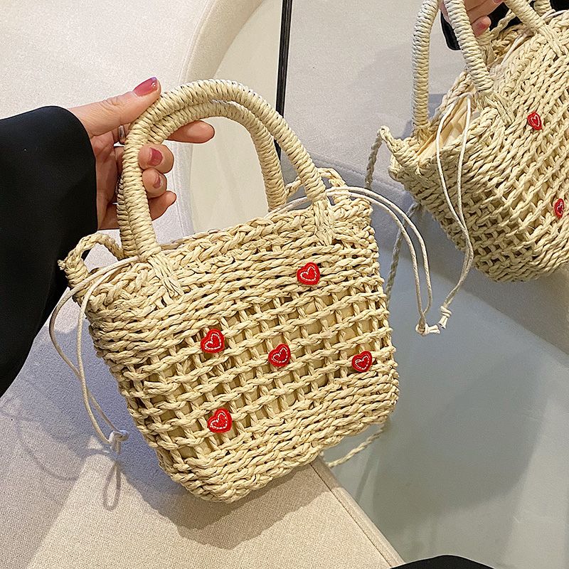 Women's Small Straw Heart Fashion Quilted Appliques Square String Shoulder Bag Handbag Crossbody Bag