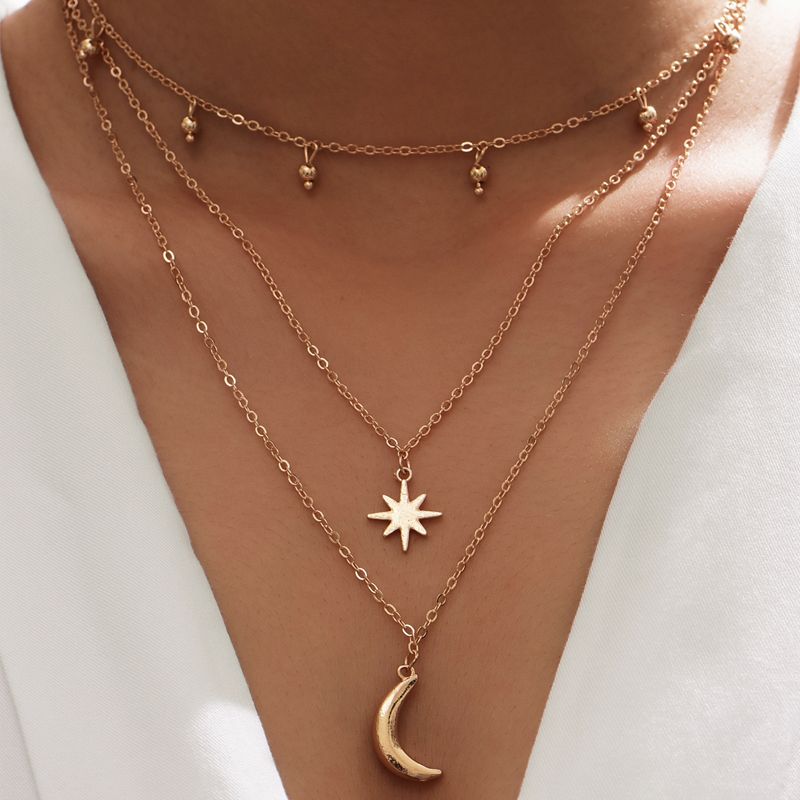 New Fashion Gold-plated Moon Star Pendant Multi-layer Necklace