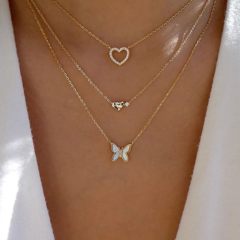 New Fashion Heart Butterfly Pendant Rhinestone Inlaid Multi-layer Necklace For Women