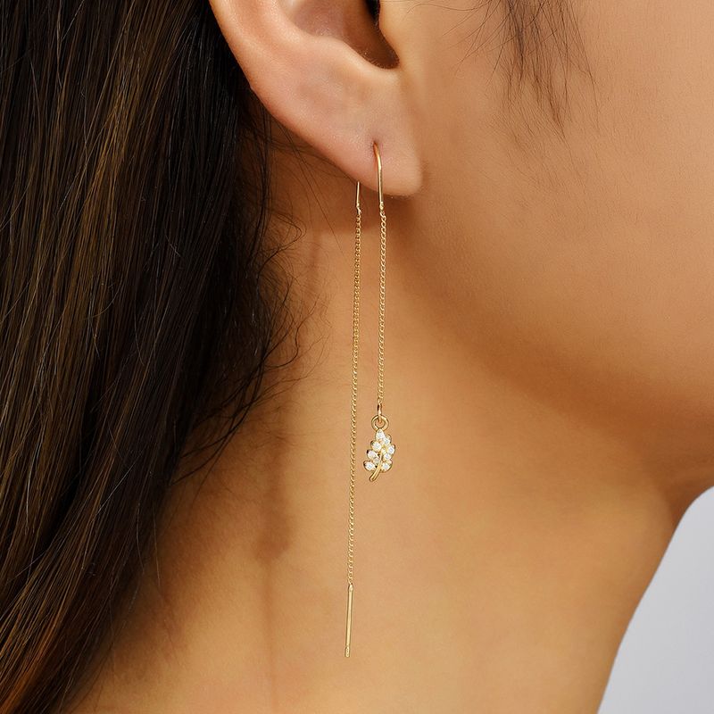 New Fashion Leaf Zircon Pendant Ear Line Women's U-shaped Long Copper Earrings