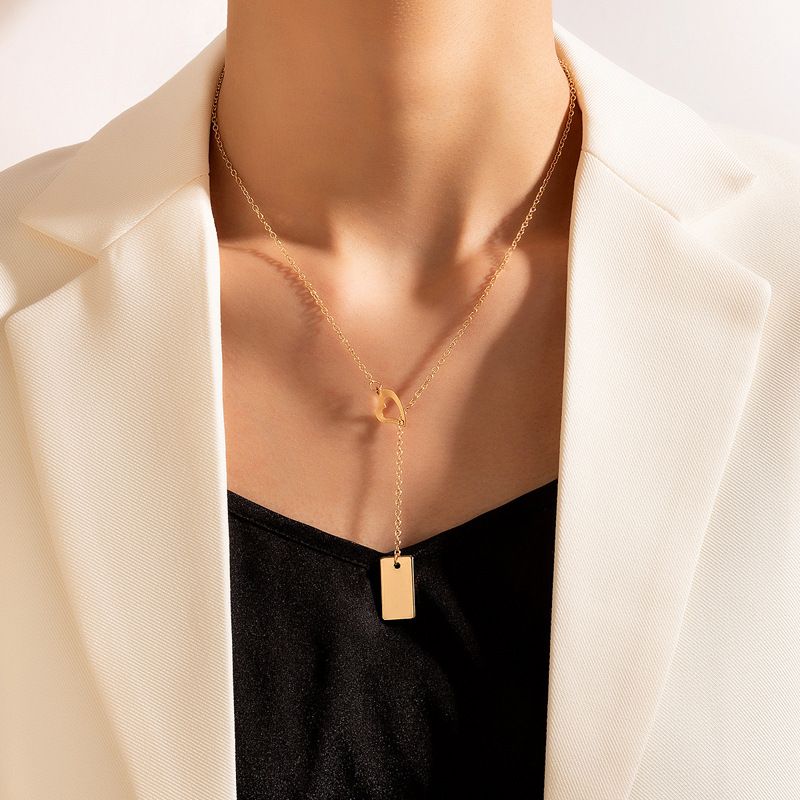 Simple Fashion Hollowed Heart Geometric Square Pendant Alloy Necklace