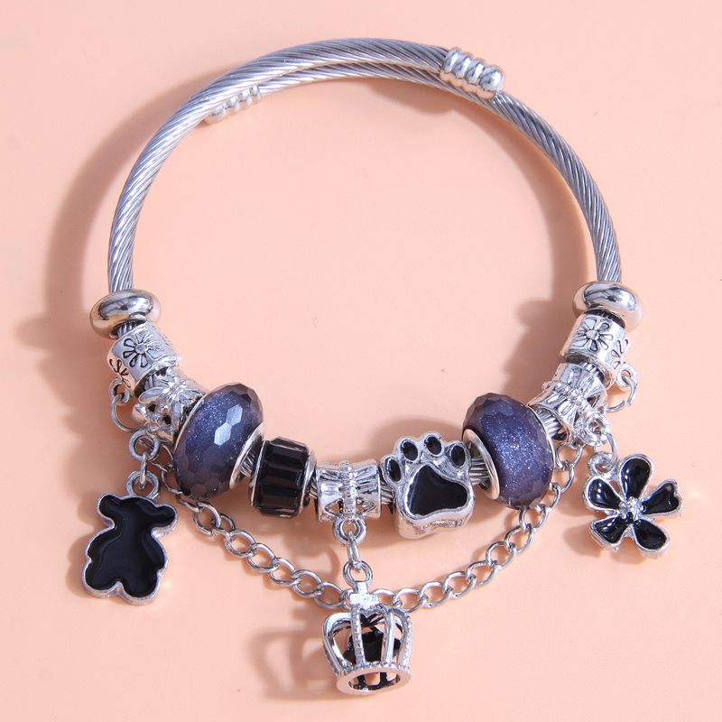 Fashion Metal Simple Bear Crown Flower Pendant Beaded Bracelet
