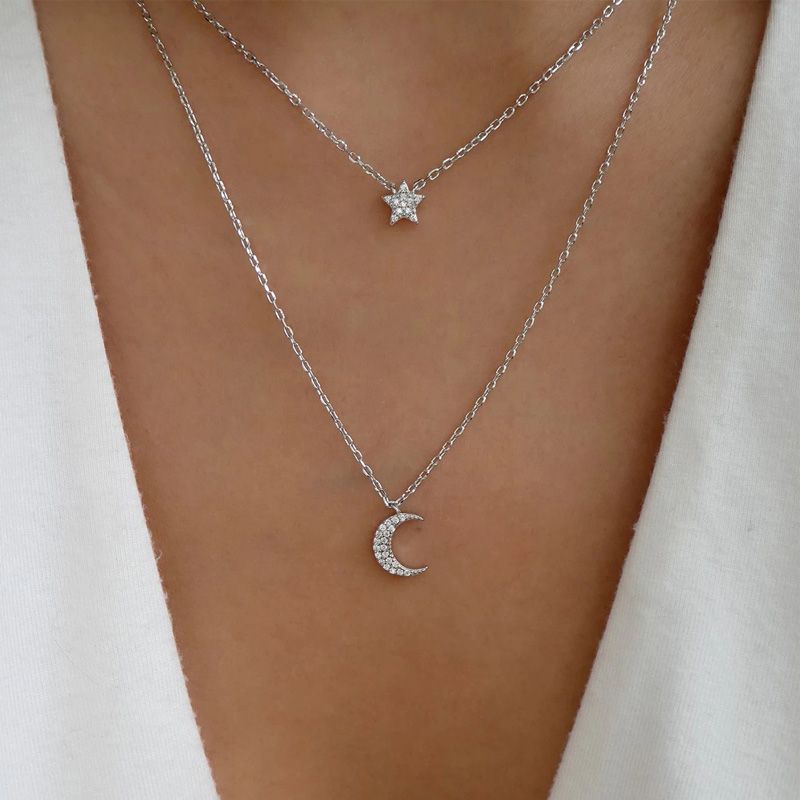 New Fashion Five-pointed Star Moon Pendant Multi-layer Sweater Chain Necklace Women