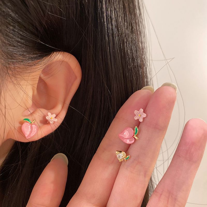 Fashion Cute Summer Peach Flower Stud Earrings Three-piece Set