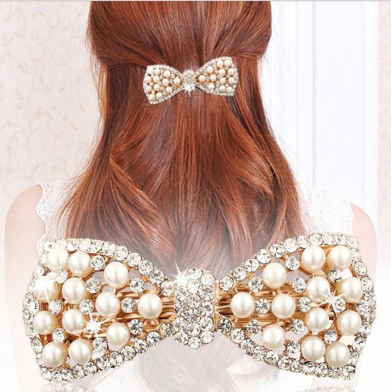 Women's Fashion Sweet Bow Knot Alloy Inlaid Pearls Diamond Artificial Rhinestones Artificial Pearls Hair Clip