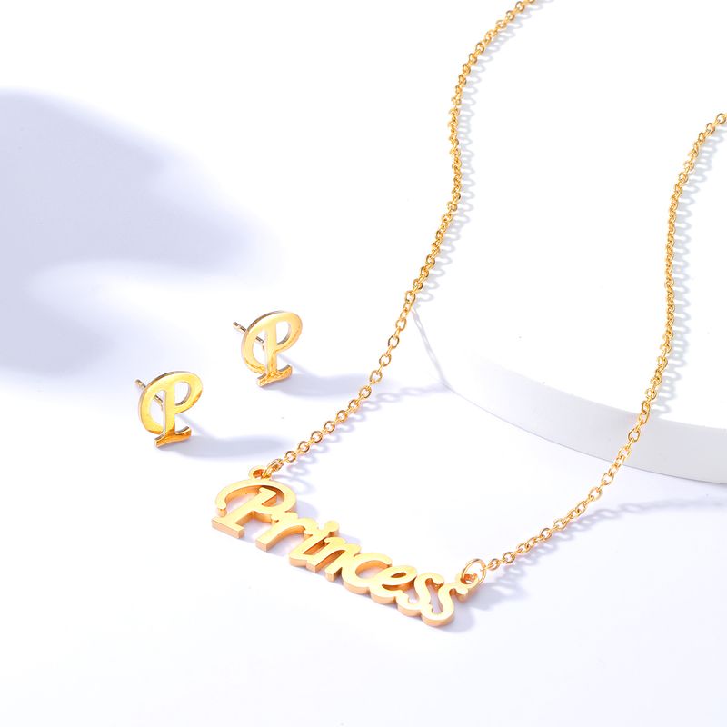 Fashion Bohemian Stainless Steel Electroplated 18k Gold Letter Earrings Necklace Set