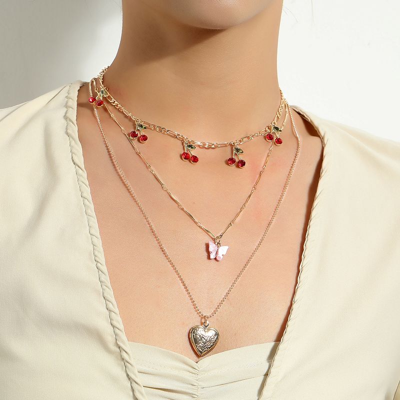 Fashion Elegant Red Cherry Butterfly Heart Pendant Multi-layer Necklace