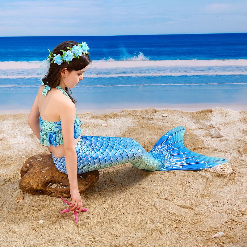 Children's Mermaid Swimsuit Girls' Colorful Bikini Children's Split Swimwear Swimsuit Flower Bad Pendant Five-piece Set