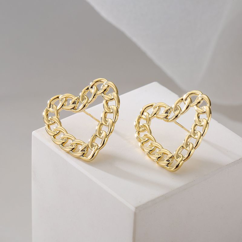 New Style Hollow Chain Heart Shape Copper 18k Gold Plating Stud Earrings